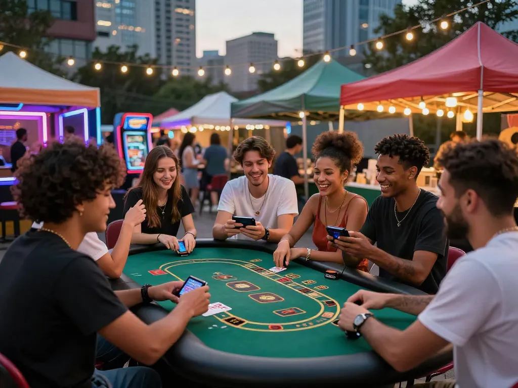 Friends playing games at a vibrant pop-up casino not on Gamstop in an urban setting.