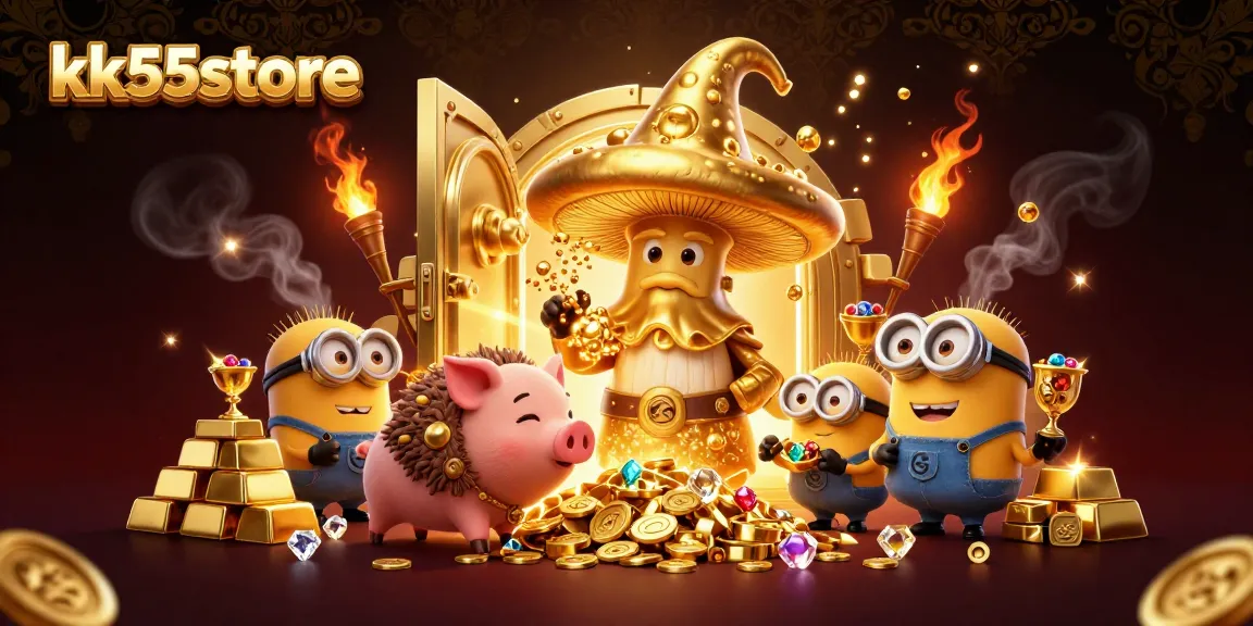 A vibrant 3D illustration highlighting kk55store, featuring a magical wizard and treasure elements from an online casino.