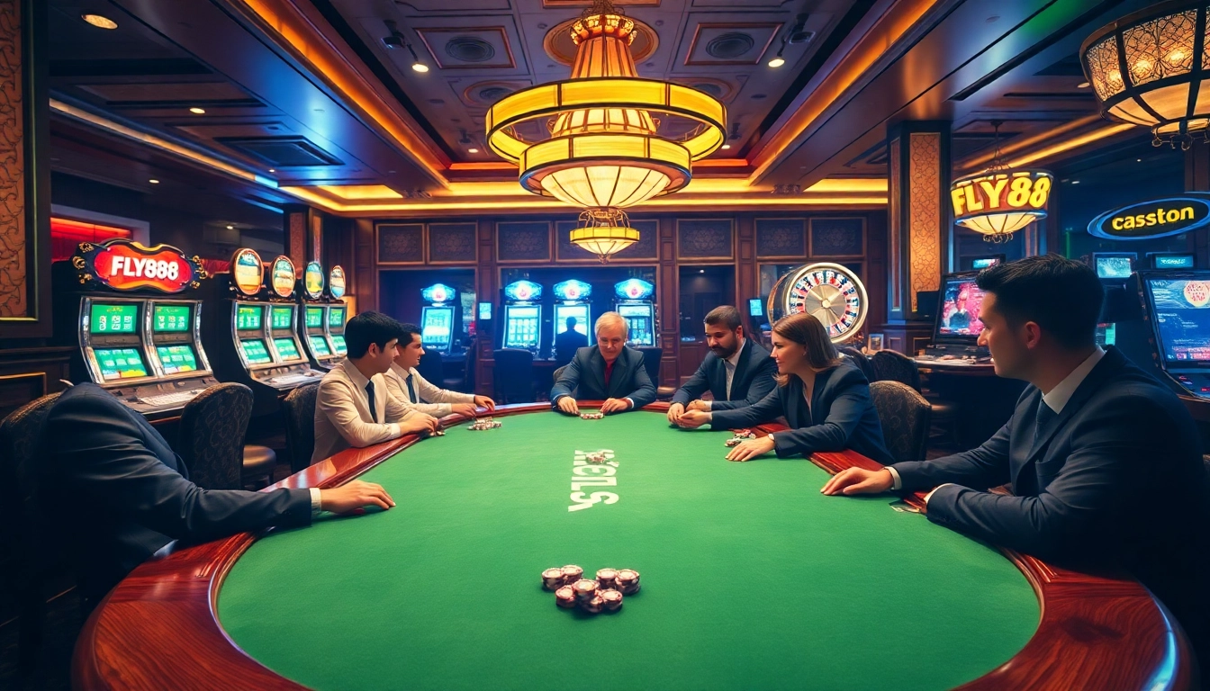 Engaged players enjoying a thrilling game at FLY88's elegant poker table in a luxurious casino setting.