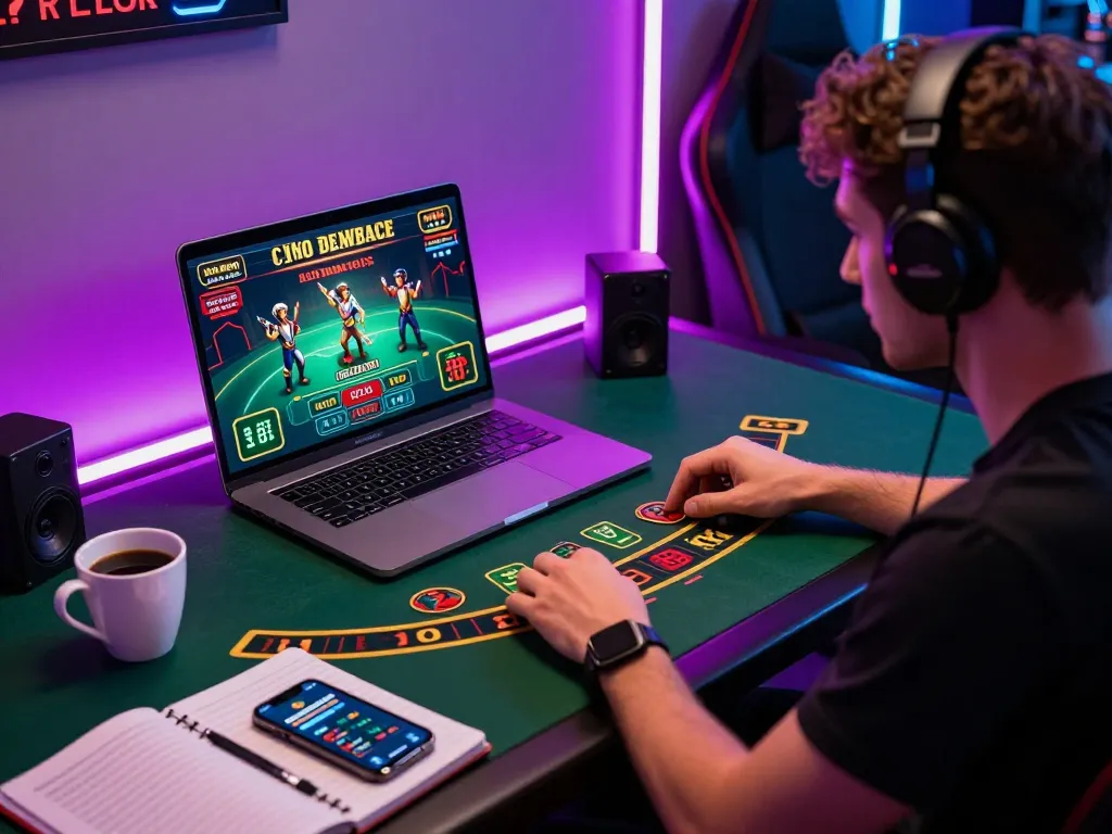Experience thrilling gameplay at an australian online casino with a vibrant setup featuring blackjack on a laptop.