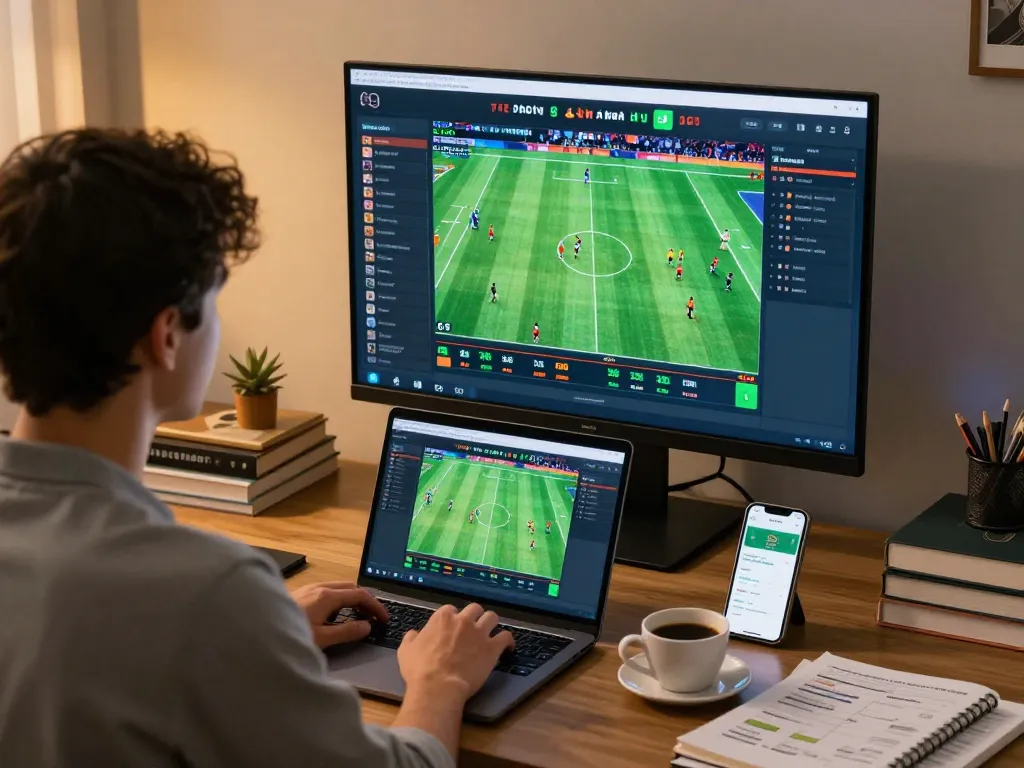 Engaged user analyzing kèo nhà cái 5 on laptop in a warm home office while placing live bets.