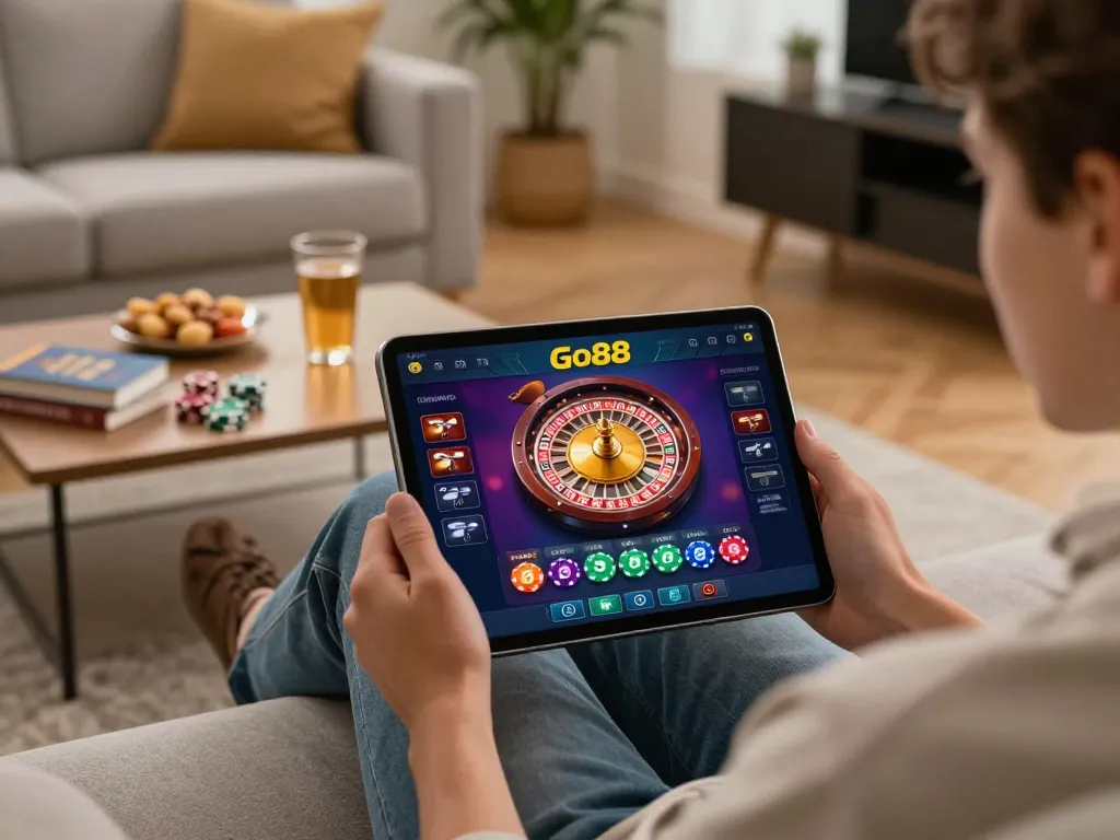 Player engaging with Go88 app for online casino gaming on tablet, showcasing dynamic roulette action and cozy atmosphere.