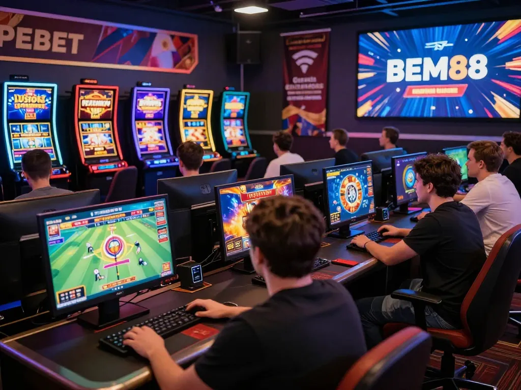 BEM88 online gaming scene featuring players immersed in sports betting and casino games, dynamic and engaging atmosphere.