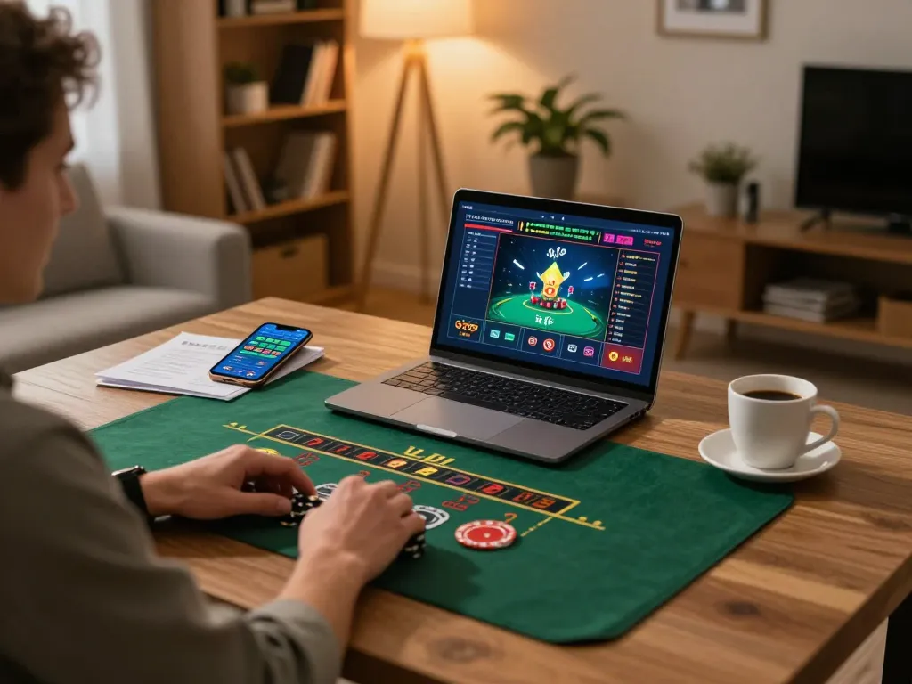 LV88 user engaging with live dealer games on laptop in an inviting home setup, showcasing modern online gambling.