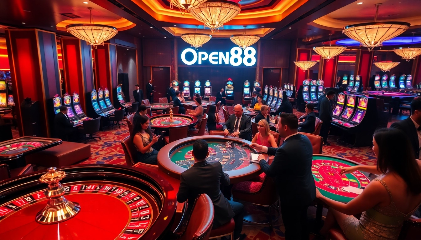 Exciting casino scene with OPEN88-themed tables and gambling action.