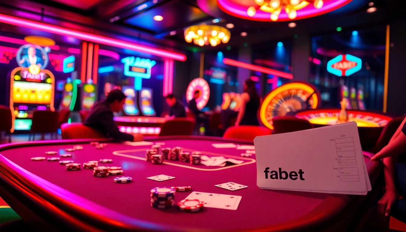Players enjoying a thrilling poker game at FABET casino, surrounded by vibrant chips and cards.