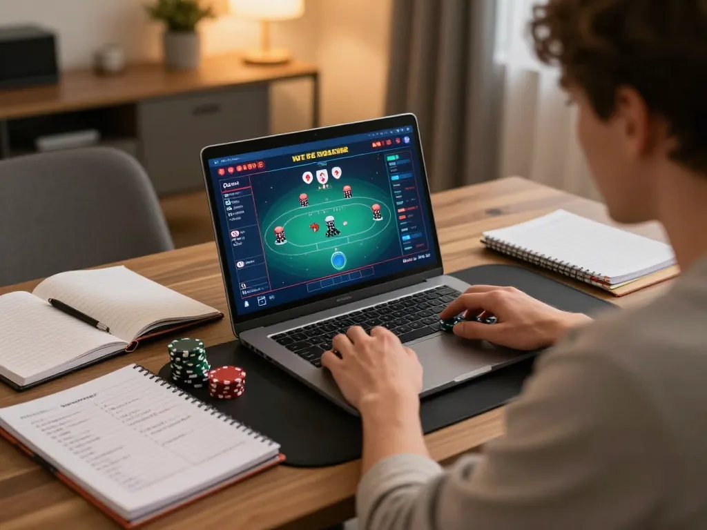 Engaging in strategic poker gameplay on ww88 platform with focused expression and betting notes.