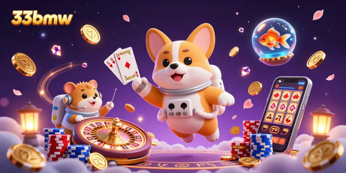 Engage in thrilling gameplay with 33bmw's vibrant casino scene featuring an astronaut corgi, golden coins, and a spinning roulette wheel.