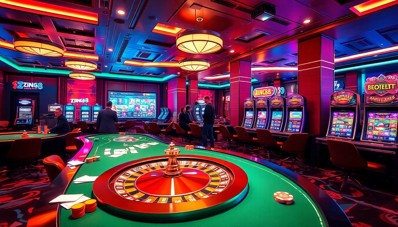 Experience lively gameplay at https://zing88.design/ with stunning casino visuals featuring tables and slot machines.