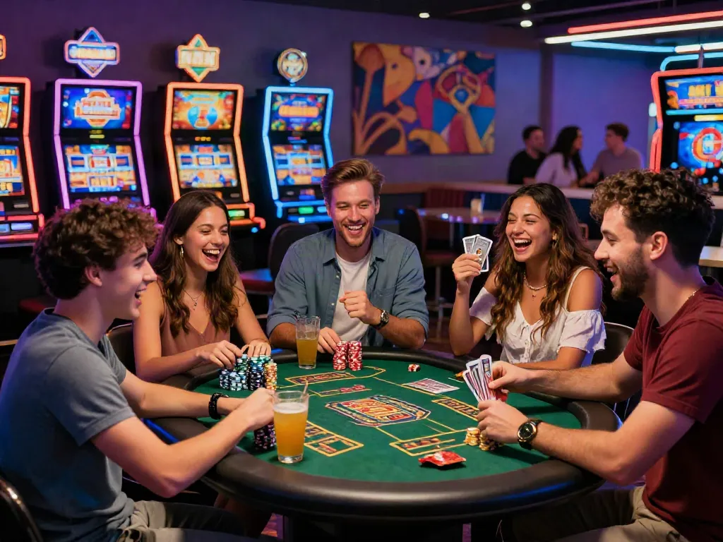 Friends enjoying a lively casino not on GamStop, surrounded by vibrant gaming atmosphere.