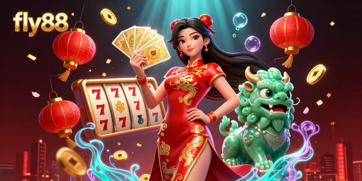 Experience thrilling gaming action with fly88 in a vibrant 3D casino illustration featuring slot reels and a stunning qipao-clad dealer.