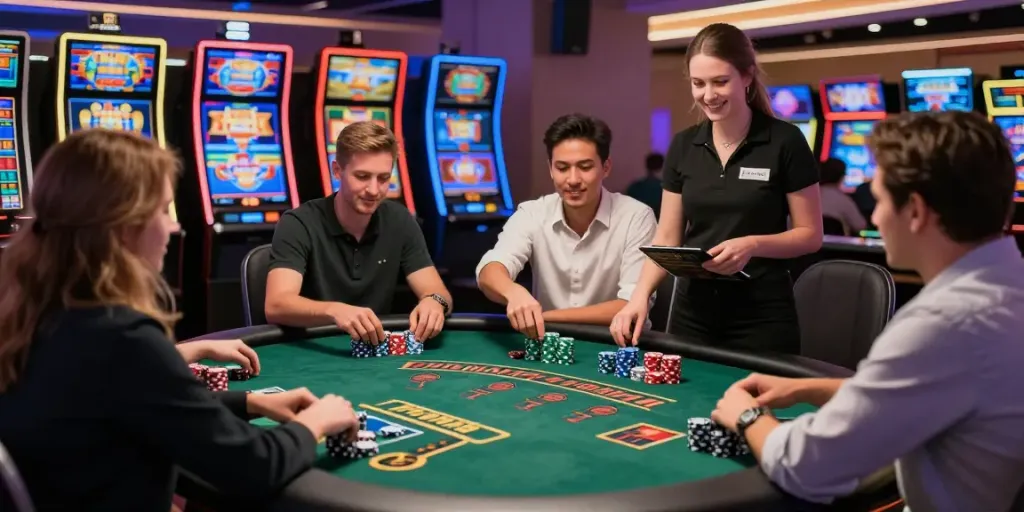 Engaged players at a casino not on GamStop enjoying blackjack and slot machines in a vibrant atmosphere.