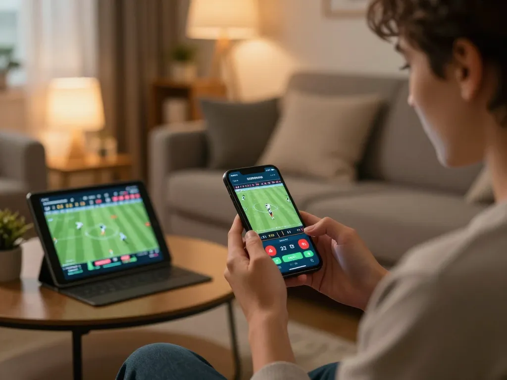 Bong88 user engaged in live sports betting on smartphone in a cozy home setting