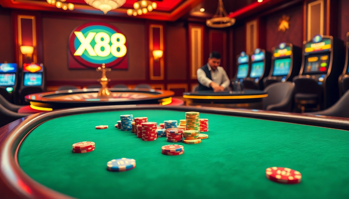 Dynamic poker scene at XX88 casino with vibrant chips and an elegant atmosphere.