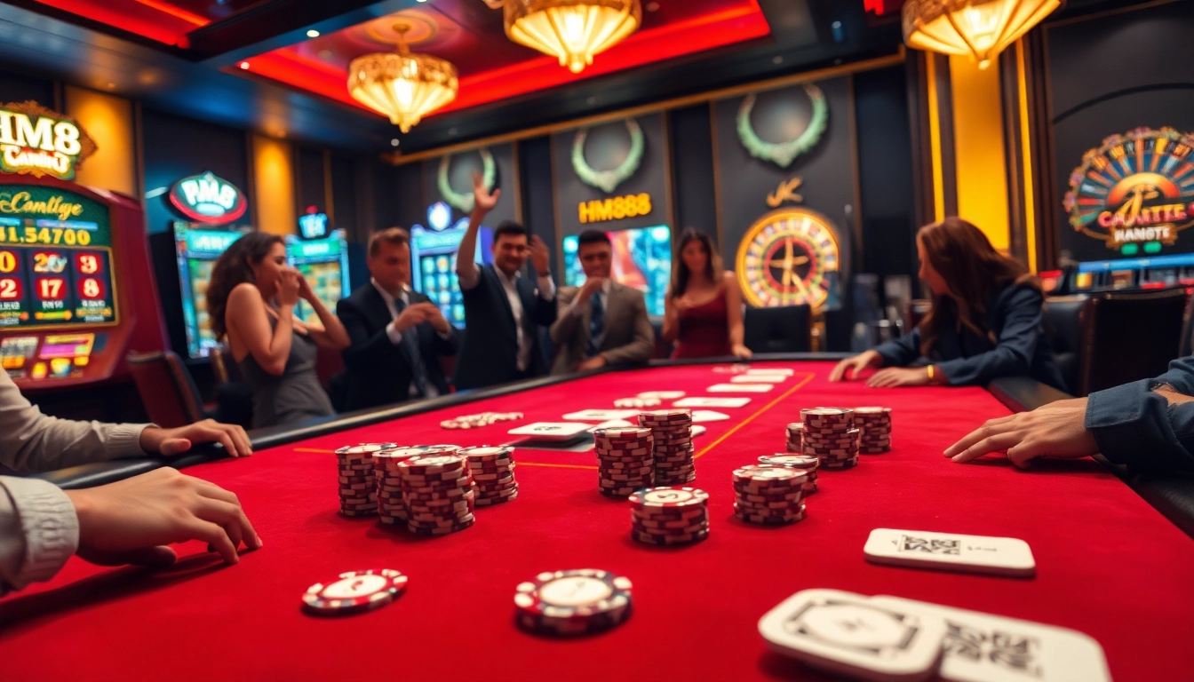 Excited players enjoying a thrilling poker game at HM88 casino.