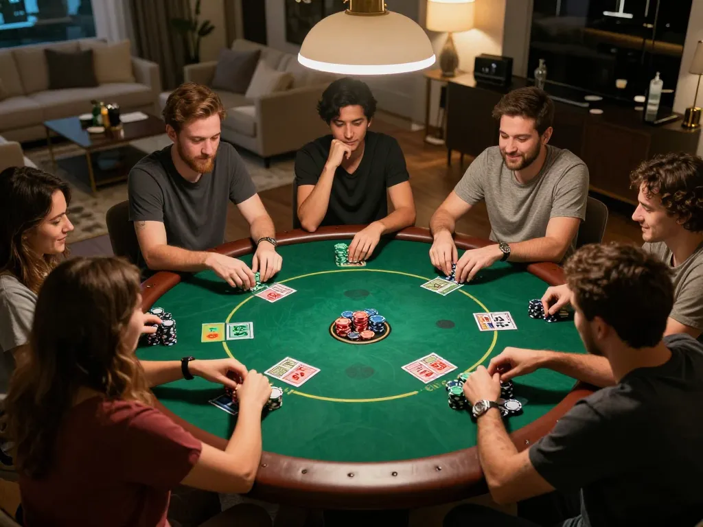 Players enjoying poker night at home, showcasing strategy and camaraderie centered around nk88 theme.
