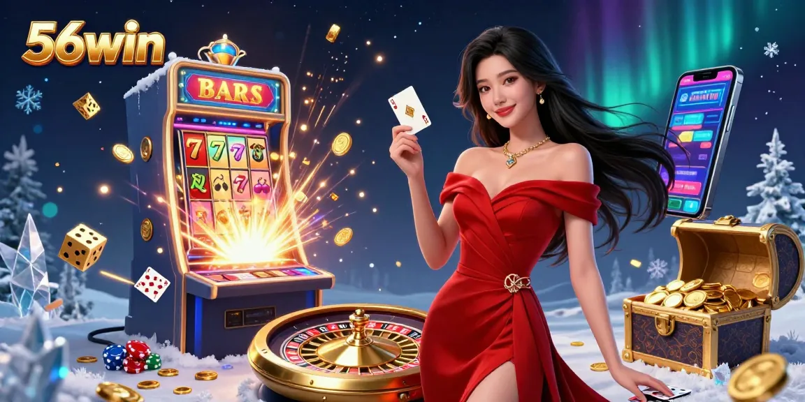 Engage with 56win's thrilling casino scene featuring a beautiful dealer and vibrant game elements.
