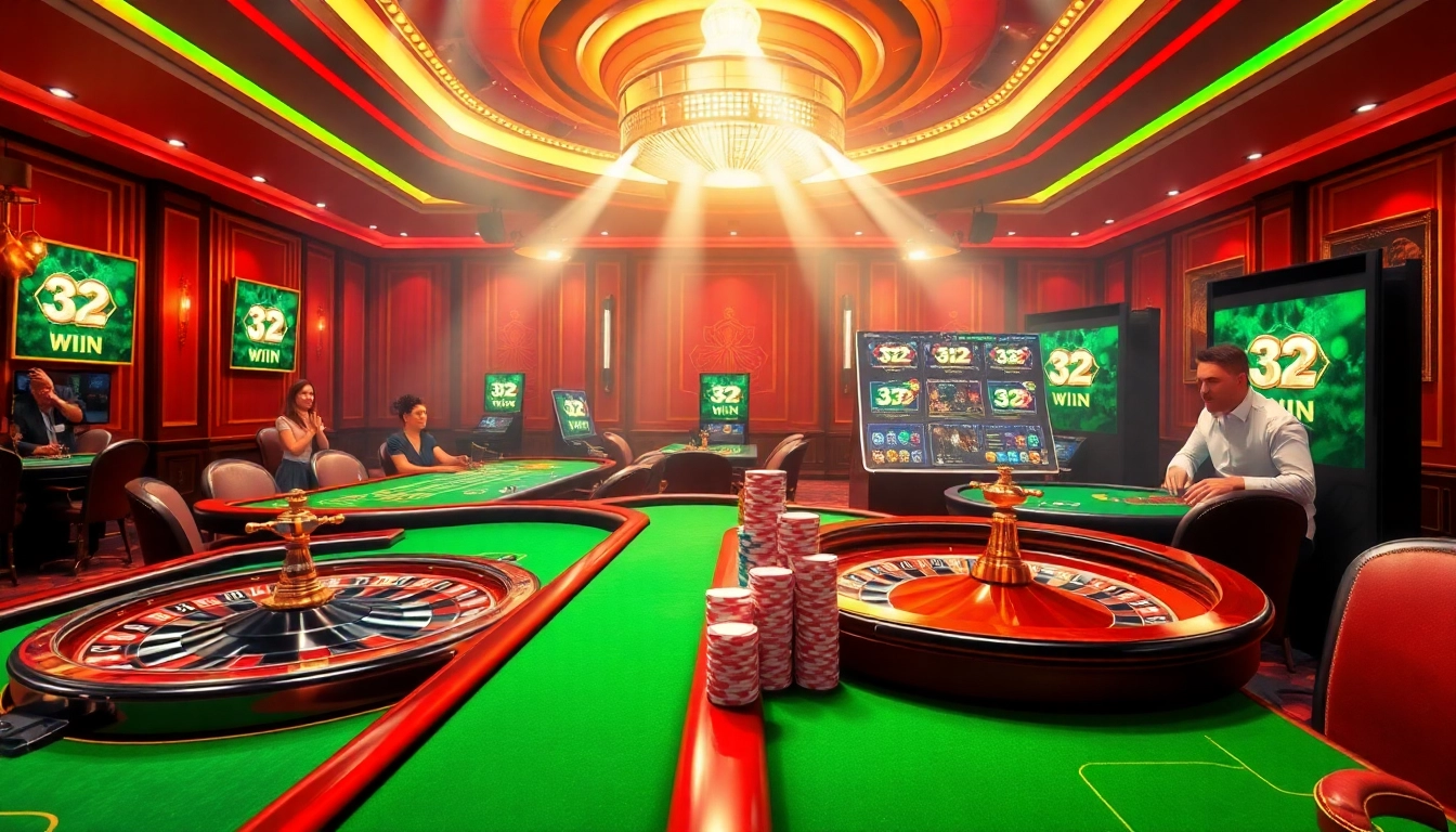 Experience the thrill of gambling at 32WIN with vibrant casino tables and exciting gaming elements.
