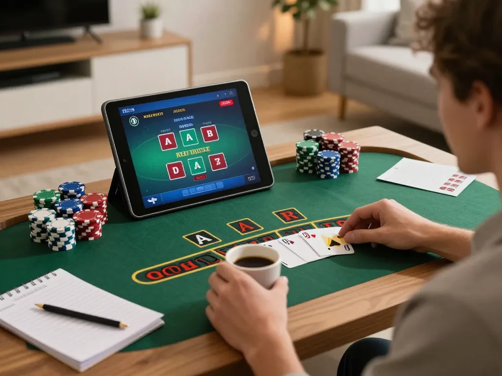 Playing live dealer blackjack on ALO8 tablet with strategic notes and betting chips.