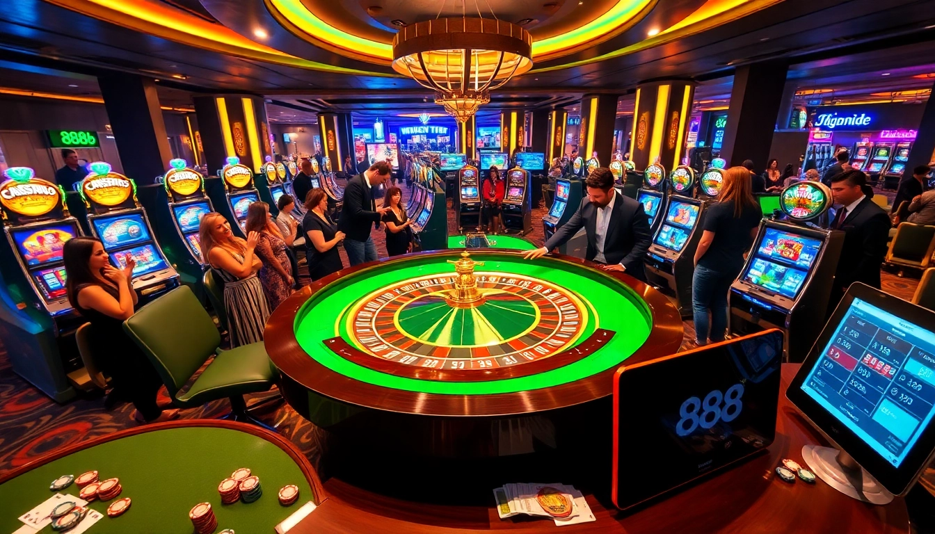 Excited gamblers interact with roulette and slot machines at 888b casino.