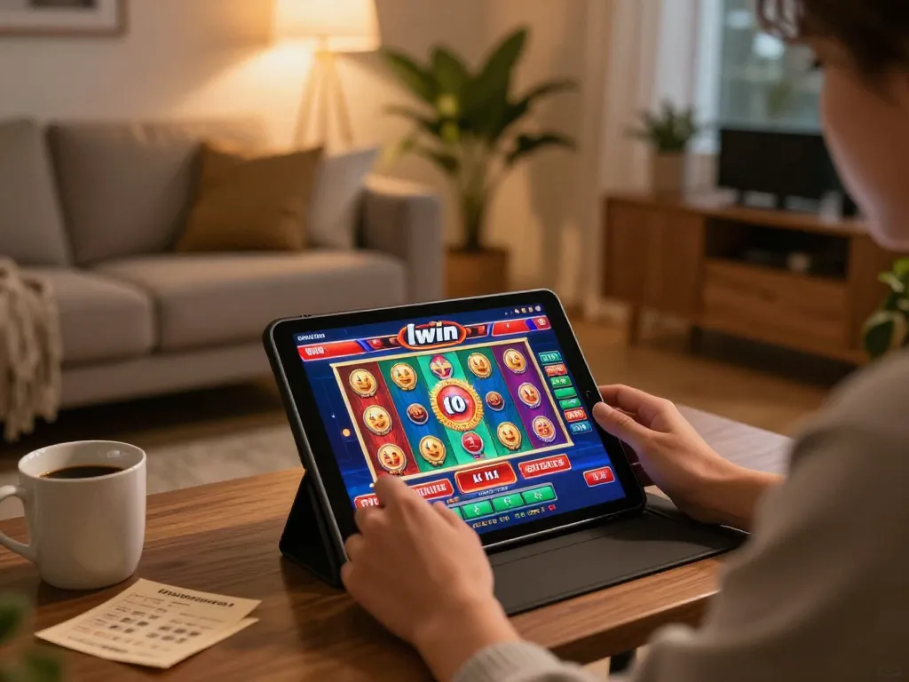 Enjoying llwin gaming experience on a tablet with vibrant slot game interface in cozy home setting
