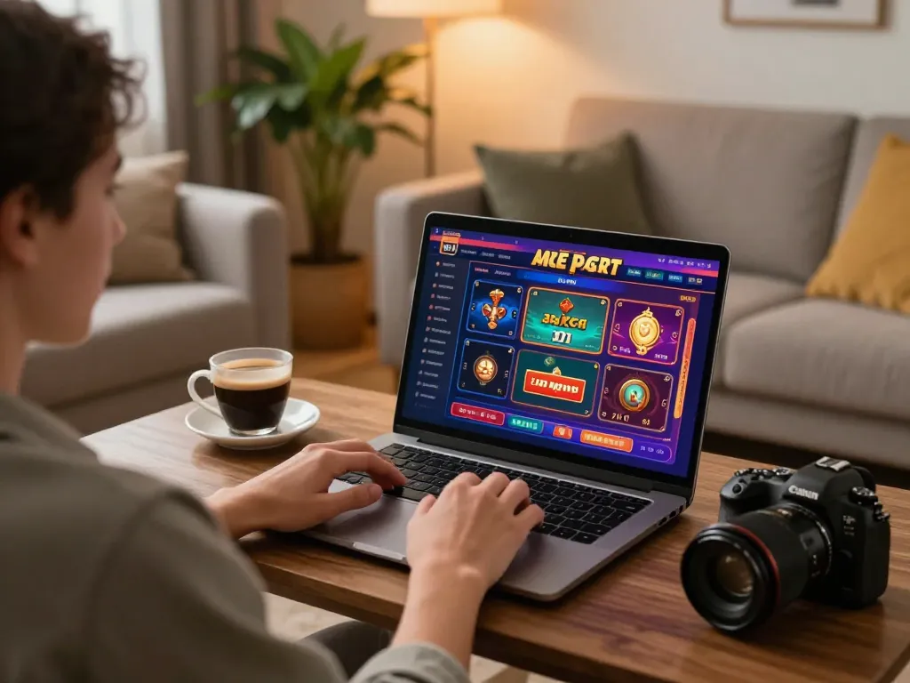 79king player enjoying online casino gaming on a laptop in a cozy living room setting.