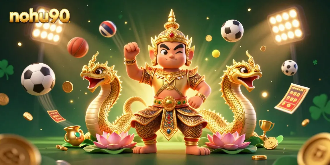 Nahu90's vibrant gaming scene showcases a guardian and sports elements depicting online betting excitement.