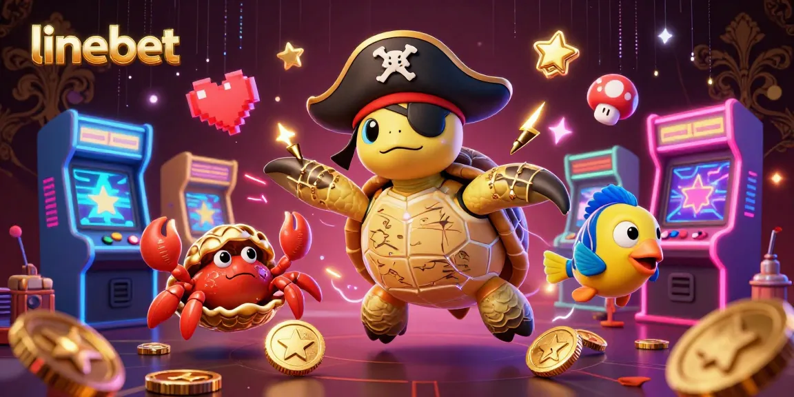 Experience the thrill of linebet with a vibrant 3D casino scene featuring a pirate turtle, golden hermit crab, and parrotfish.
