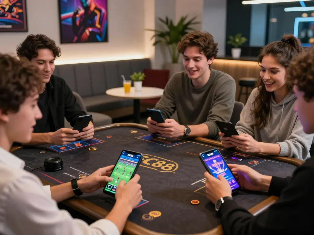 Group enjoying mobile SC88 gaming experience in a modern lounge