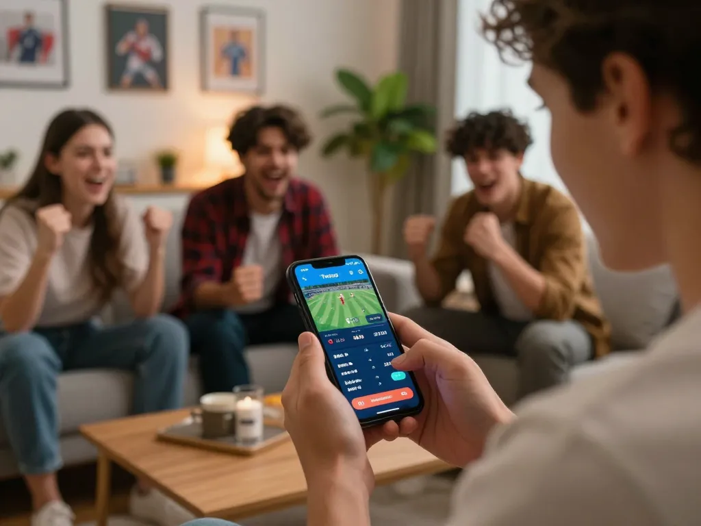 Engaging in live sports betting on smartphone at home, featuring 78win app for quick bets