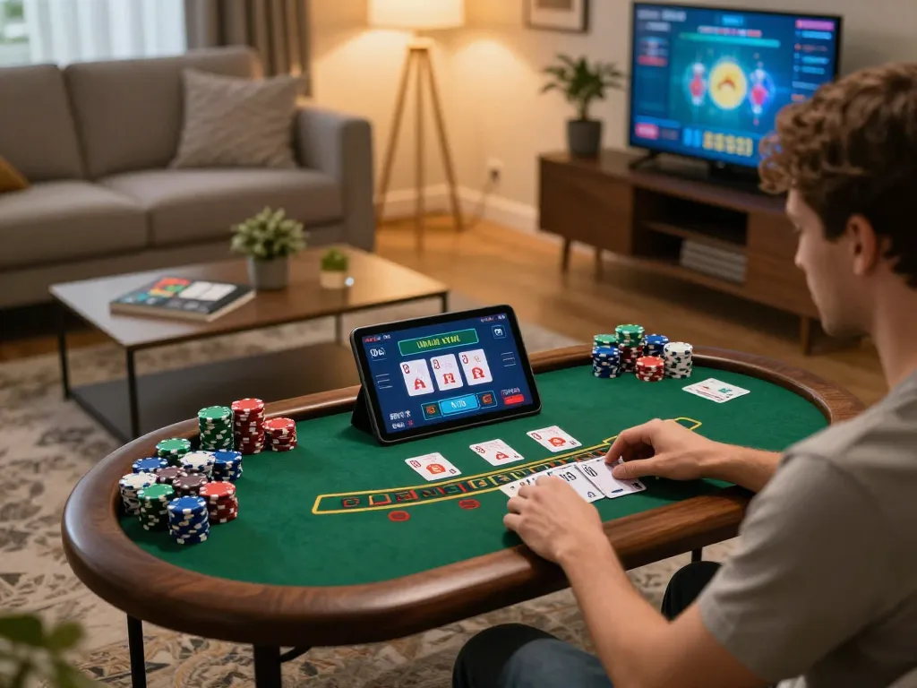 Engaging in mb66 blackjack on a tablet in a cozy living room setting, emphasizing responsible gaming