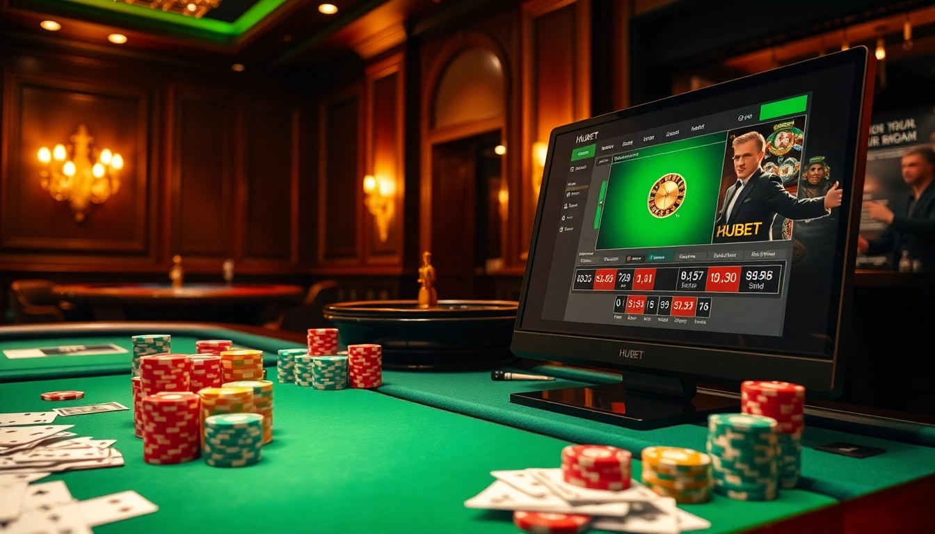 Gambling excitement at Hubet with poker chips and cards on a casino table.