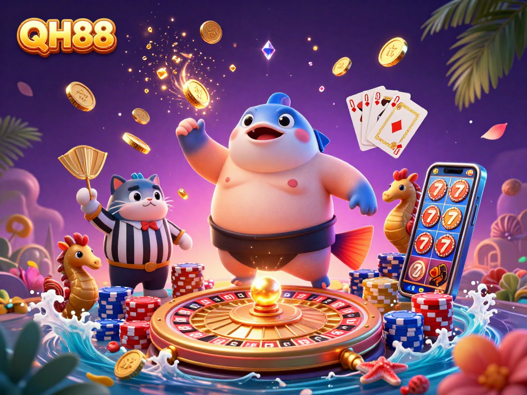 Engage with QH88's vibrant underwater casino action featuring a sumo fugu, catfish referee, and seahorse fans.