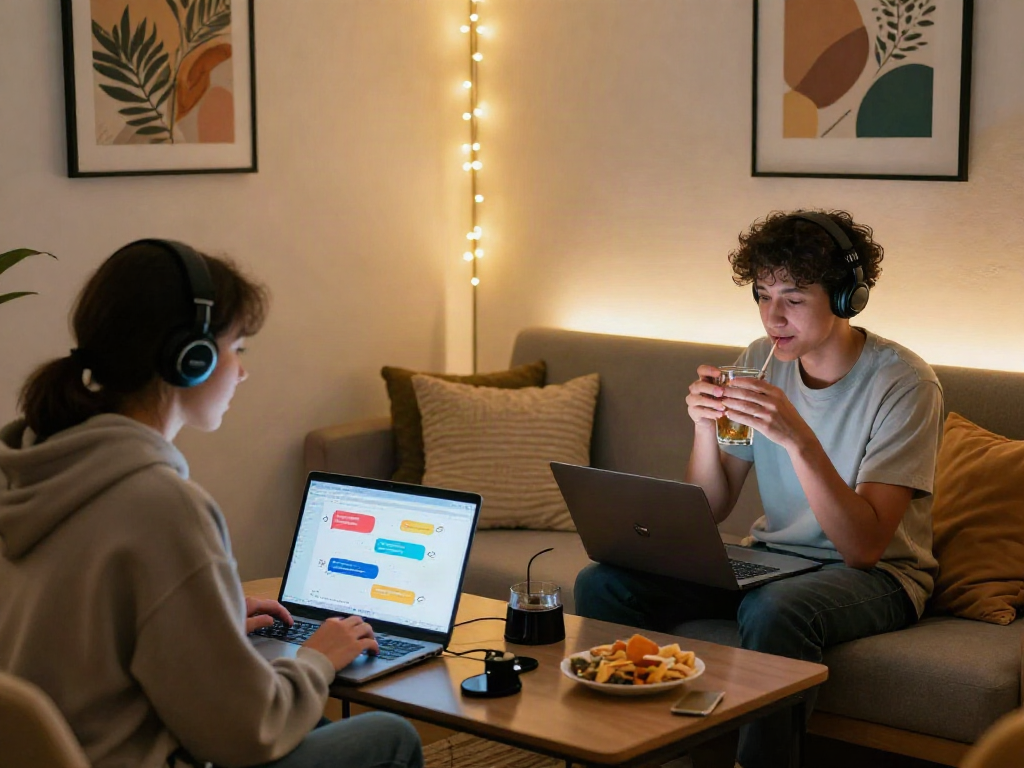 Engaging moment showing two friends chatting online about sex chat ai in a cozy digital lounge.