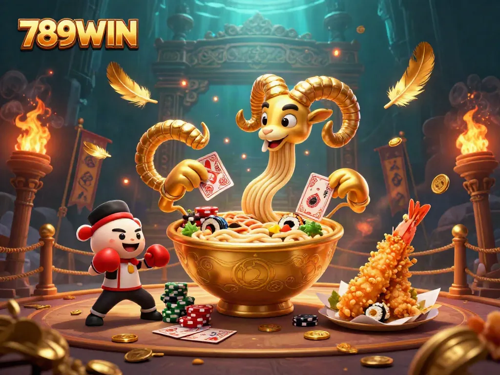 Experience thrilling gaming action at 789WIN with characters like a golden ramen bowl and sushi dealer.