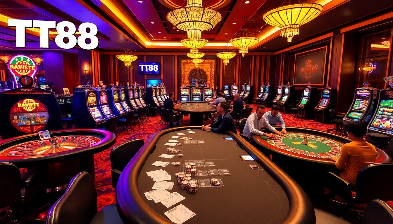 Experience the excitement of TT88 in a luxurious casino setting with poker tables and neon lights.
