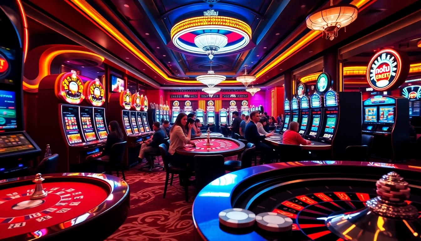 Excited players spinning the reels on nohu slot machines in a vibrant casino atmosphere.