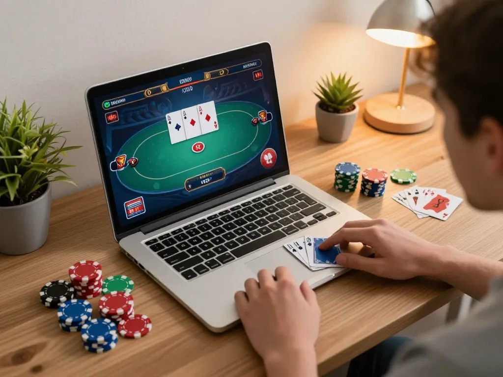 Players strategizing in an online poker game at u888 on their laptop, surrounded by a cozy setup
