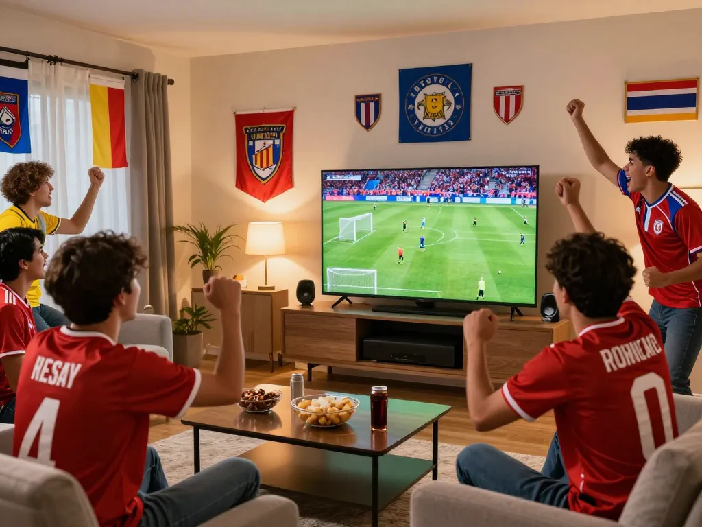 Fans cheering for socolive during a live soccer match in a lively living room.