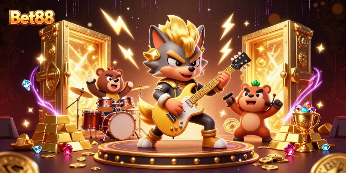 Experience thrilling Bet88 action with rock star characters and treasure amidst a dazzling casino stage.